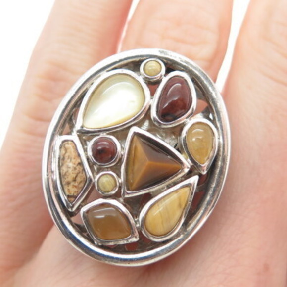 925 Sterling Silver Vintage Real MOP Tiger Eye Jade & Agate Oxidized Ring Size 6